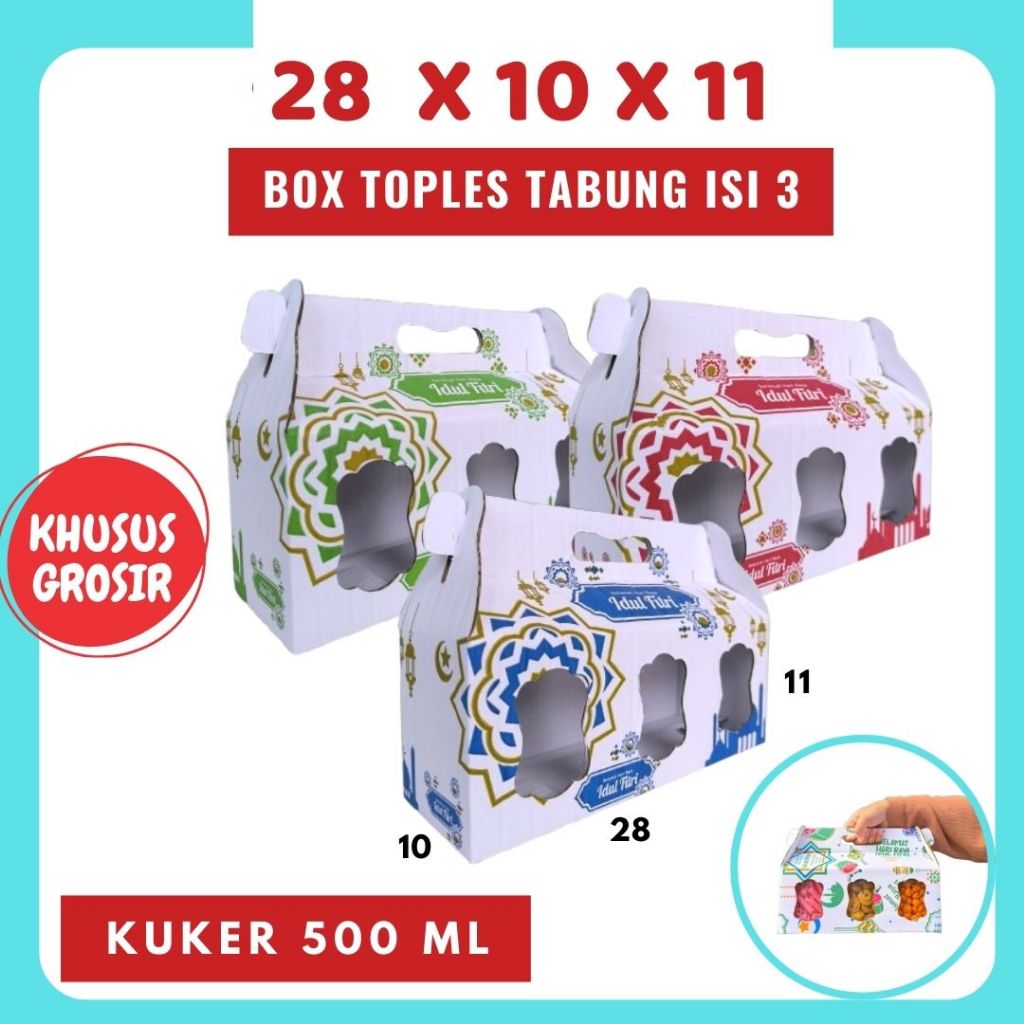 

Box Kuker 28x10x11 Toples Jar 500ml isi 3 Jinjing Gable Box Jar Kardus Dus Kue Kering Idul Fitri