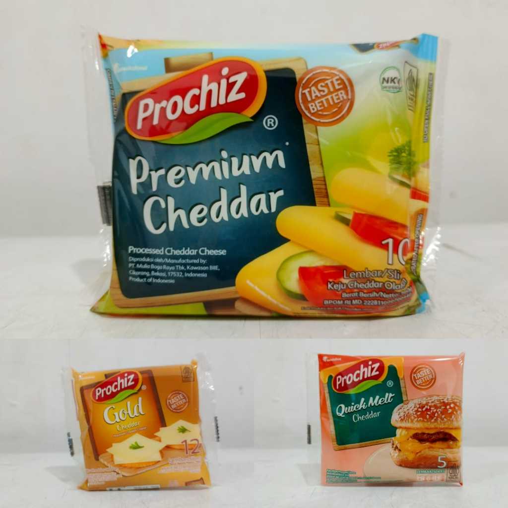 

Prochiz Keju Slices Premium Cheddar / Gold Cheddar / Quick Melt Cheddar