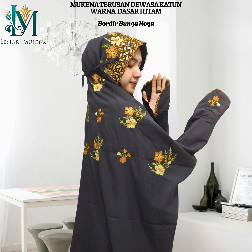 Mukena Terusan Dewasa Bahan Katun Polino Warna Kain Hitam/Maroon/Hijau Bordir Bunga Hoya Cantik