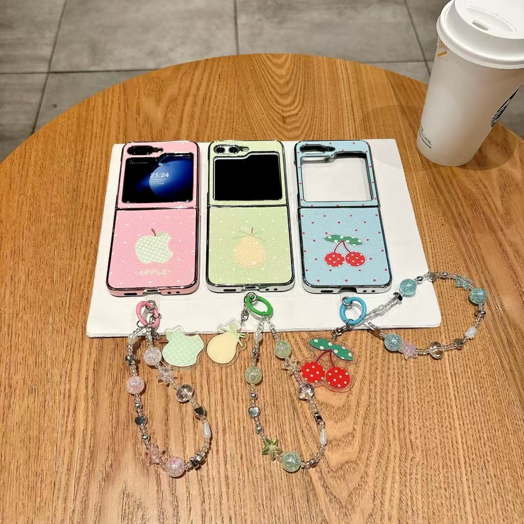 New Case Samsung Zflip7 Fruits Polkadot Apple Pear Cherry Kulit With Chain Charm Strap Cute Keren Im