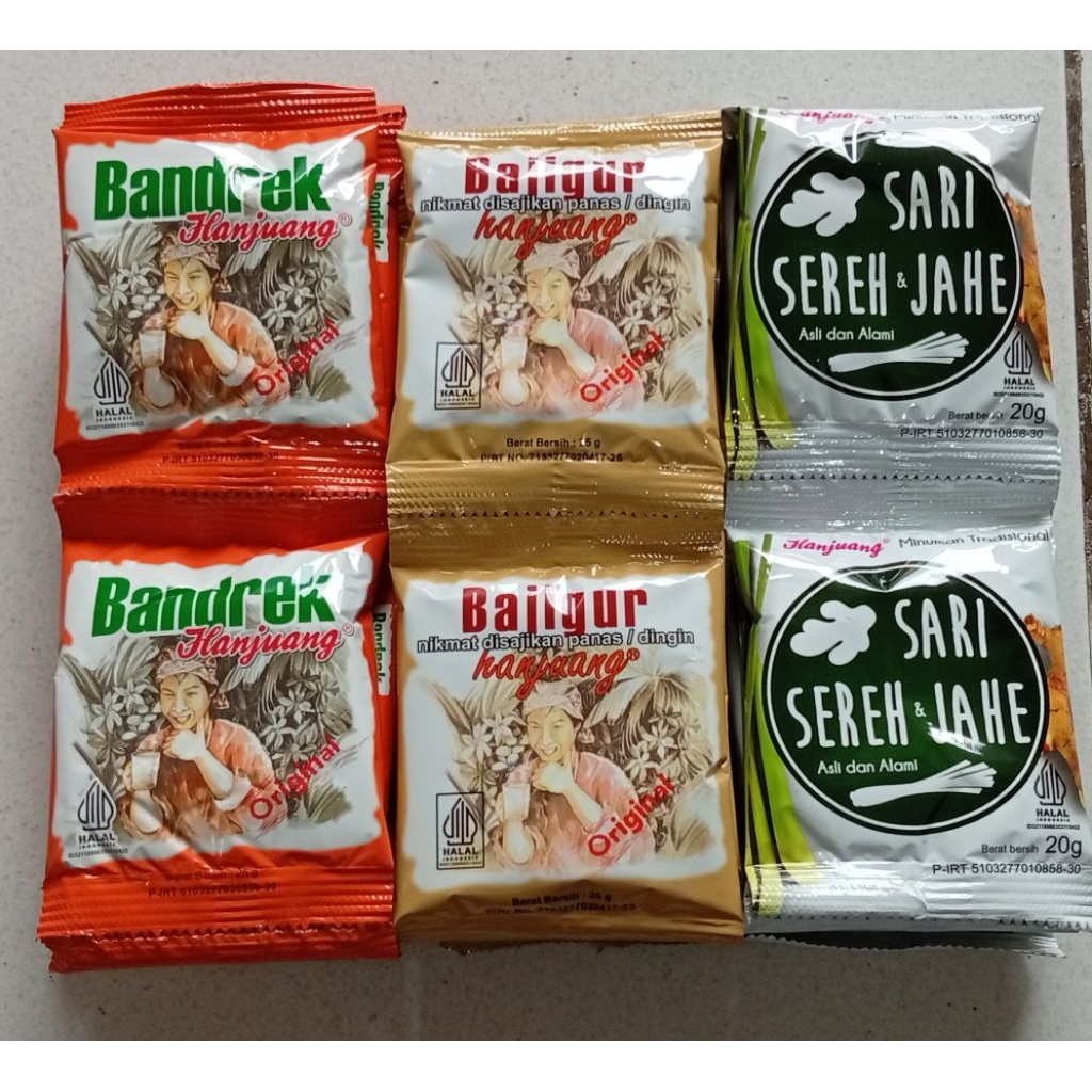 

Bandrek, Bajigur, Sereh Jahe HANJUANG kemasan renteng isi 10 sachet