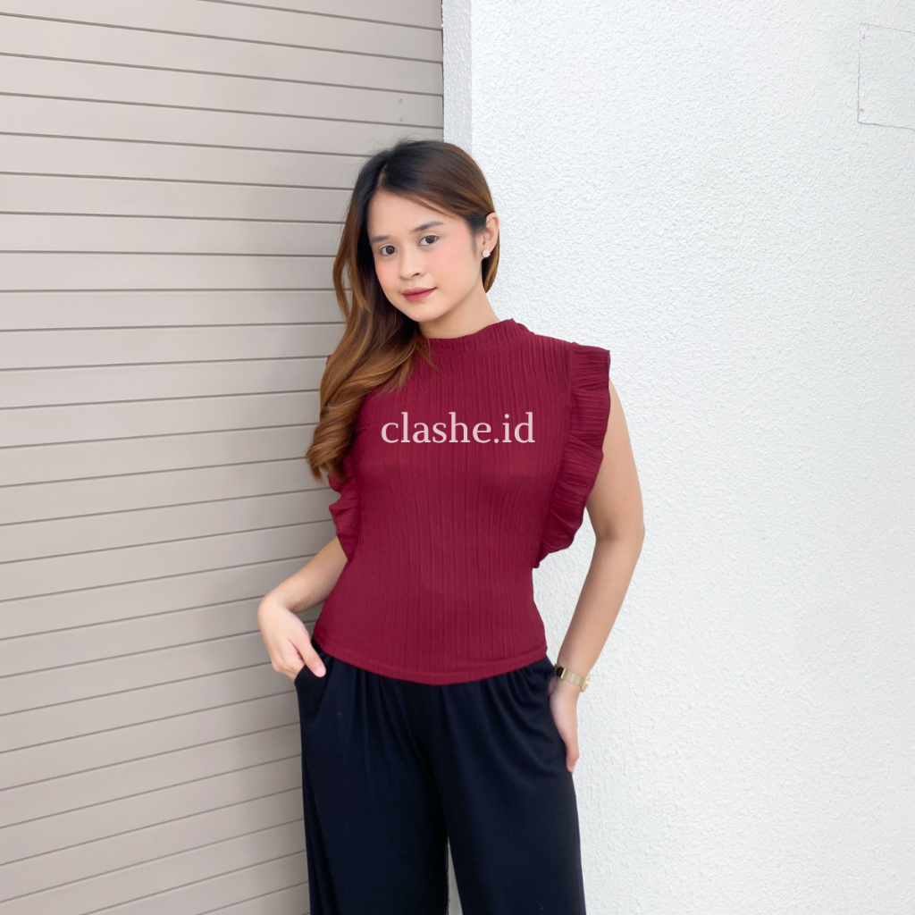 Wicha Top Rib Knit - Tank Top Wanita dengan Ruffle Elegant OOTD by Clashe