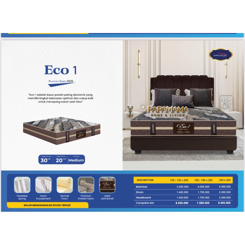 Dacota SpringBed Fullset 180x200 - SpringBed Dacota Eco-1 Garansi 15 Tahun Tebal 30cm - Medan