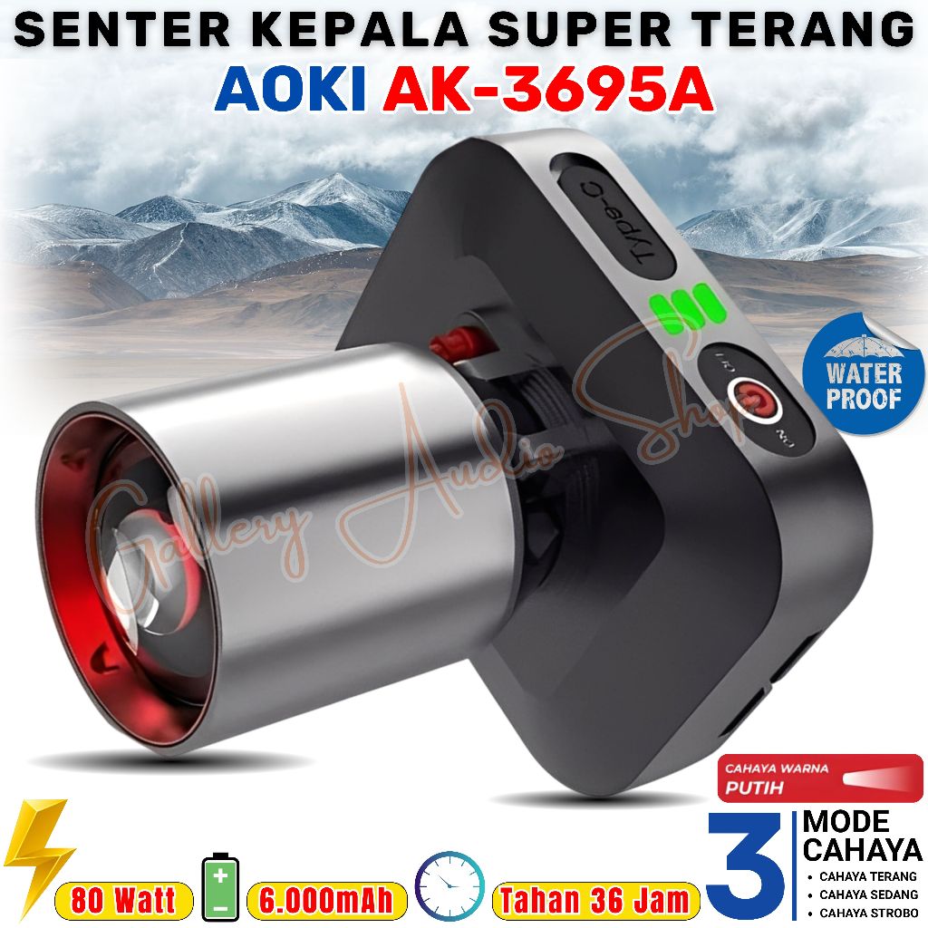 Senter Kepala Zoom Super Terang AOKI AK-3695A 80W LED Cahaya Putih | Senter Cas Awet Tahan Lama Bate