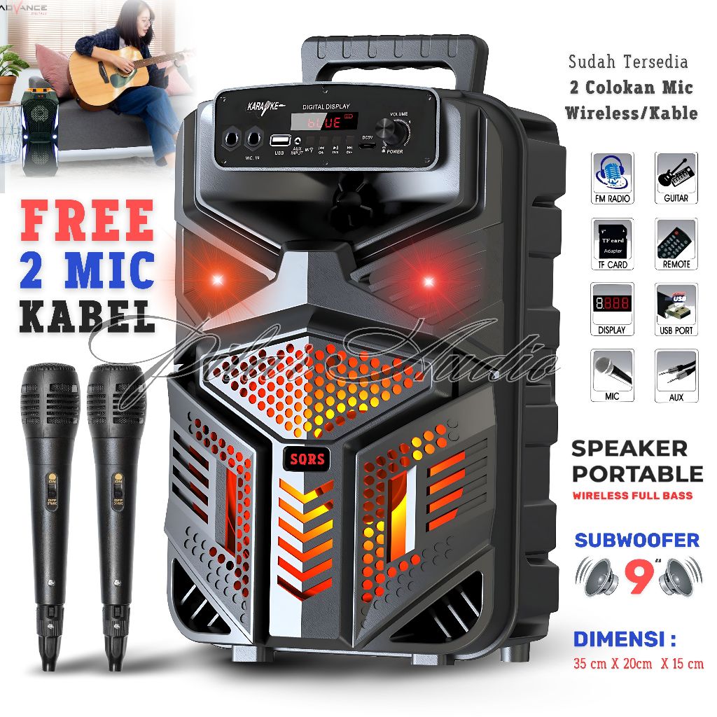 Speaker Bluetooth SQRS 888 MAX LED 9 Inch Free 2 Mic Kabel Wireless Karaoke + Remote - Speaker Karao