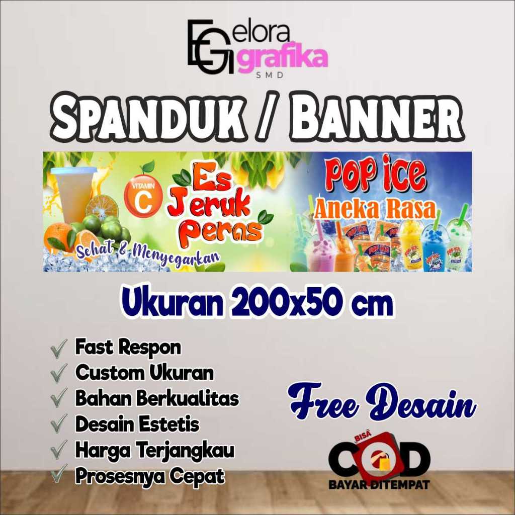 Spanduk Banner Ukuran 200x50 Cm Jeruk Peras & Pop Ice Free Custom Desain