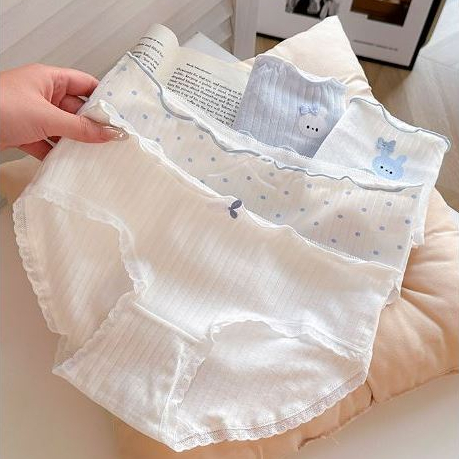 CLICKBRA | CD2147 CD Celana Dalam Motif Rabbit Lucu Biru Fashion Mid Waist Korea Jepang Wanita Cewek