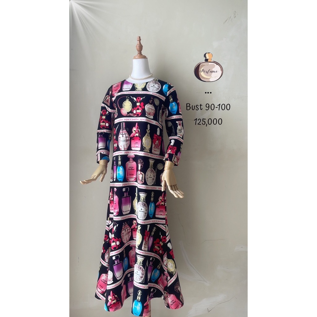 Maxi dress long panjang hijaber motif parfum perfume mermaid duyung scuba tebal stretch keren lucu u