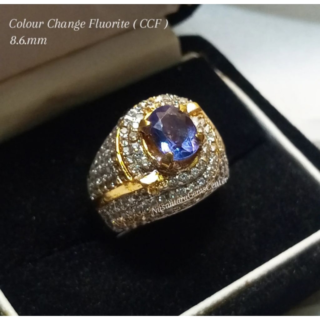 Cincin Batu Permata Colour Change Fluorite CCF Natural Ring Microsetting Mewah Elegant