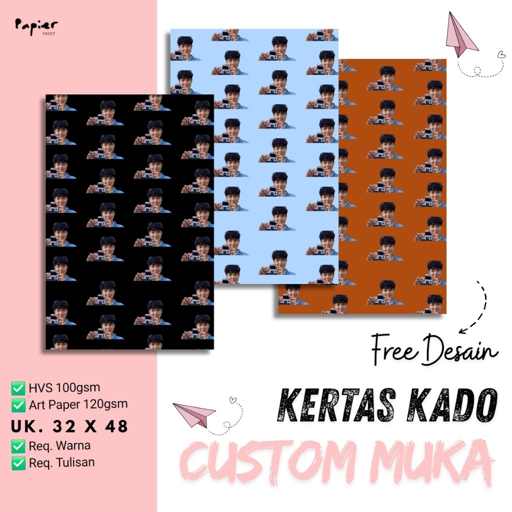 

[GRATIS DESAIN] PAPIER - Kertas Kado Custom Muka | HVS 100gsm | Art Paper 120gsm | 32 × 48cm