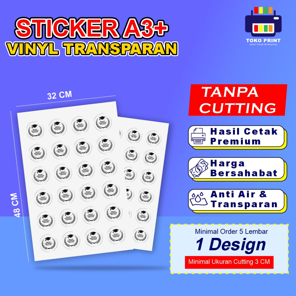 

Cetak Stiker Vinyl Transparan Kisscut Waterproof | Print Sticker Anti Air Custom