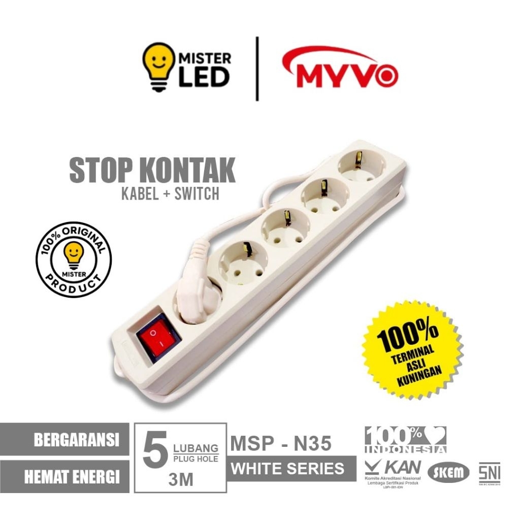 Myvo Stop Kontak 5 Lubang 3 Meter MSP-N35 Putih asli