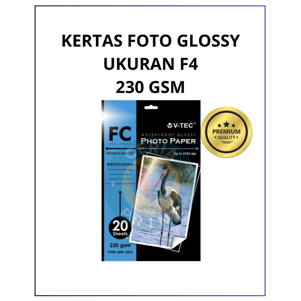 (20 Lembar) V-Tec Glossy Photo Paper Folio F4 230 gsm GPP-1011 / Photo paper glossy F4 murah