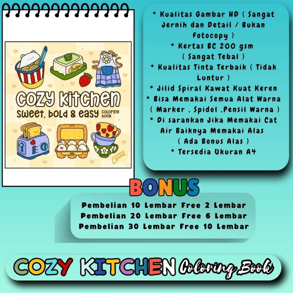 

Buku Mewarnai Tema COZY KITCHEN Sweat Bold Easy Coloring Book Kertas Sangat Tebal 200 gsm Untuk Anak SD Dewasa Gambar HD Jelas Jernih