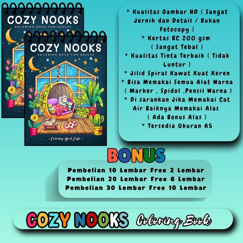 

COZY NOOKS Tema Buku Mewarnai Terbaru Cute Coloring Book Premium Murah Kertas 200 gsm Tebal Gambar HD Jelas Jernih