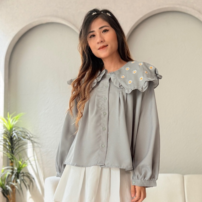 Miu Blouse Bordir Daisy – Kemeja Atasan Muslim Wanita Kekinian Elegan