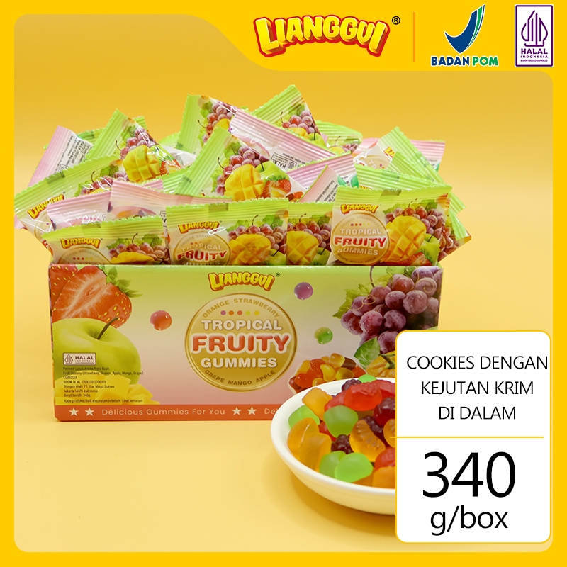 

LIANGGUI Permen Fruity Gummies Strawberries/Oranges/Apple/Mango/Grapes Passion Fruit Halal 340g