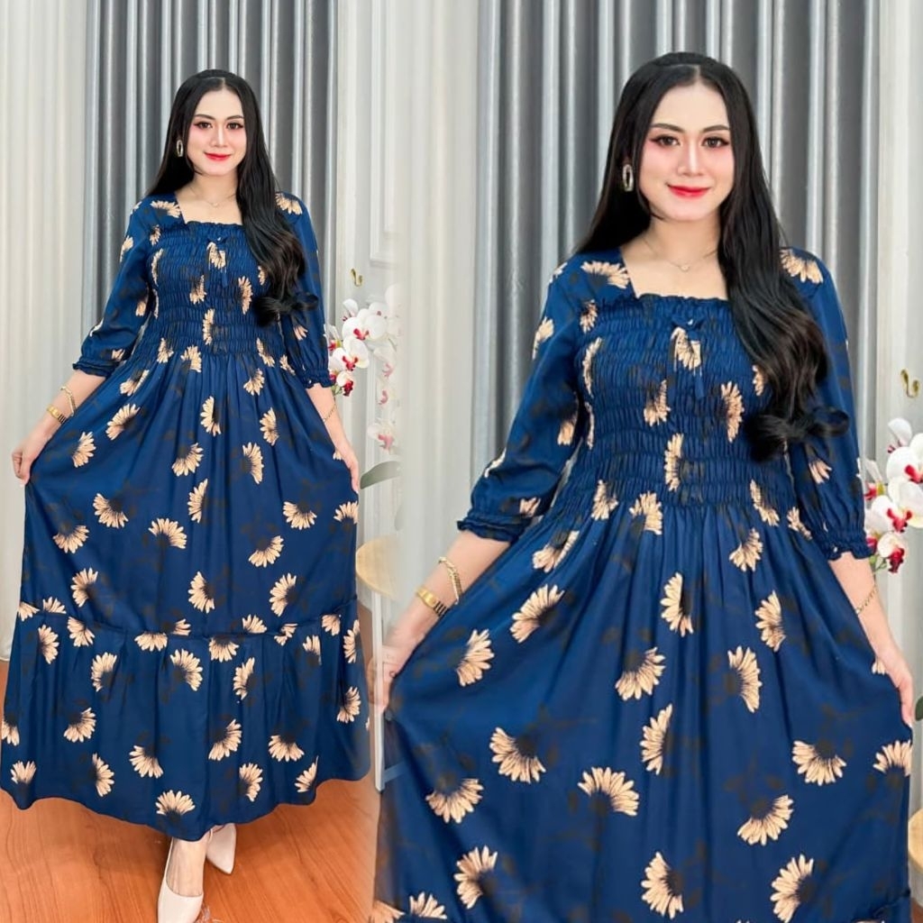 DASTER SMOK JUMBO LD 120 MOTIF BUNGA GAMIS RAYON PREMIUM DRESS KERUT DADA / DASTER MODEL KEKINIAN