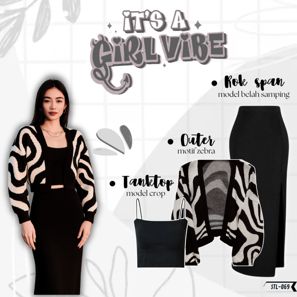 Oneset Outer OOTD 3in1 [Rok Span| Tanktop|Outer Rajut Zebra] Set Outfit Korean Style |Oneset Wanita 