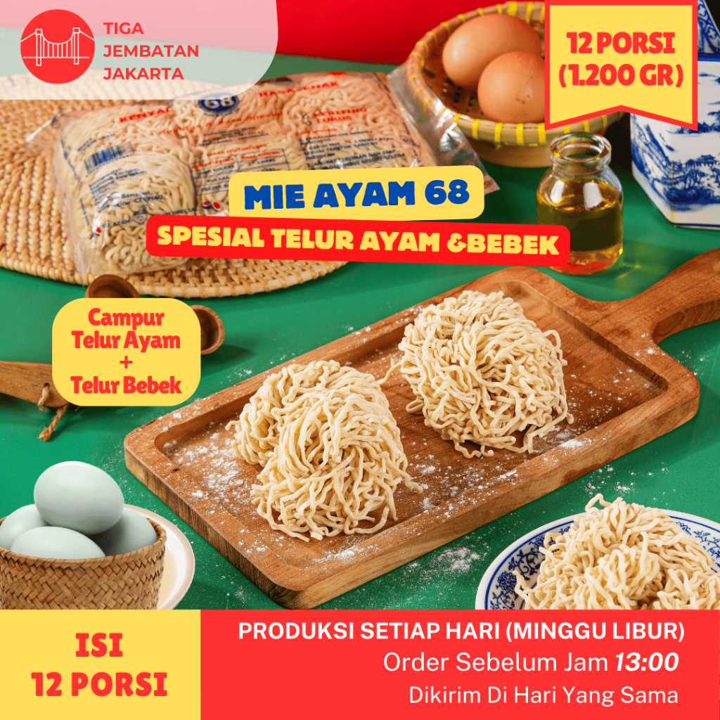 Mie Ayam 68 - 12 Porsi Spesial Telur Ayam Telur Bebek Mie Ayam Premium Bakmie Bakmie Mie Ayam Mentah