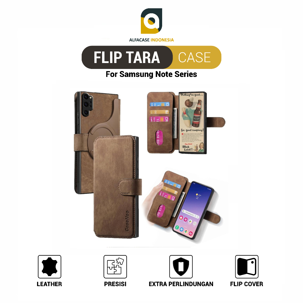 ALFACASE Flip Tara Leather Case Samsung Galaxy Note 9 10 20 Plus Ultra - Casing Samsung Galaxy Note 