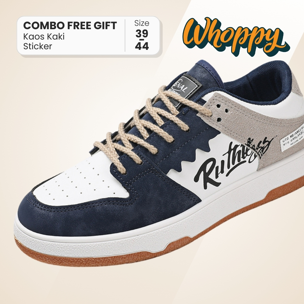 Whoppy SL23 Sepatu Cowok Keren Sneakers Casual Pria Dewasa Kulit Sintetis Putih Tulang Sport Shoes S
