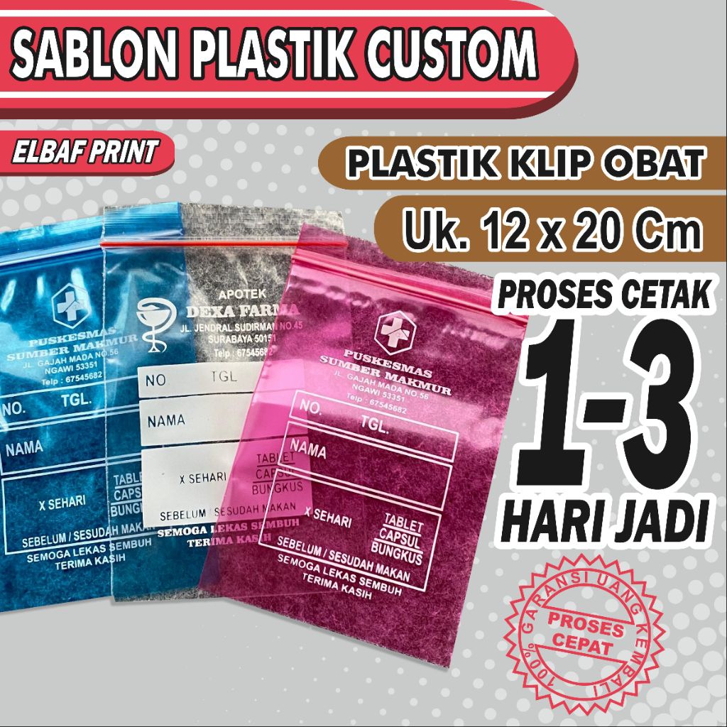 Plastik Sablon Custom Klip Ziplock Obat 12x20cm FREE DESIGN