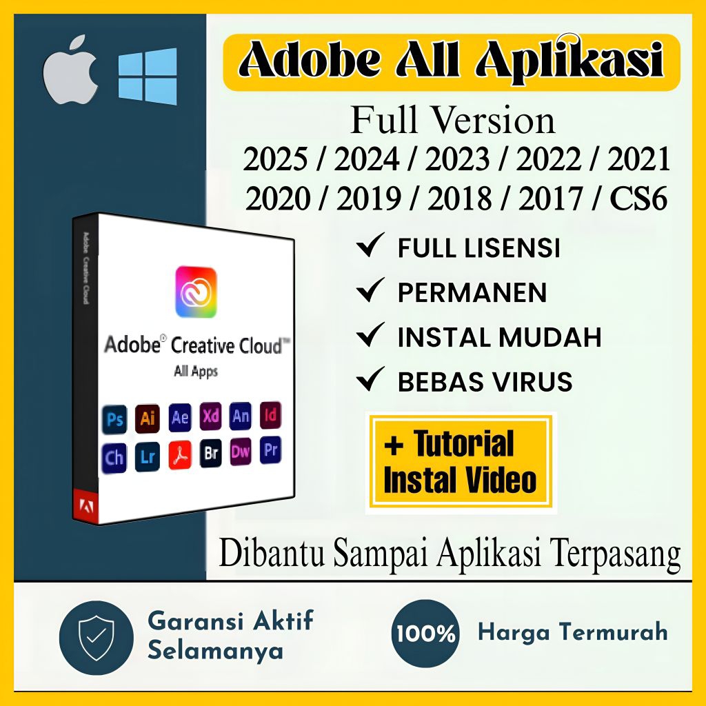 Adobe All Aplikasi 2025 - CS6 (Photoshop, Illustrator, Lightroom, After effect, Acrobat DC pro, Inde