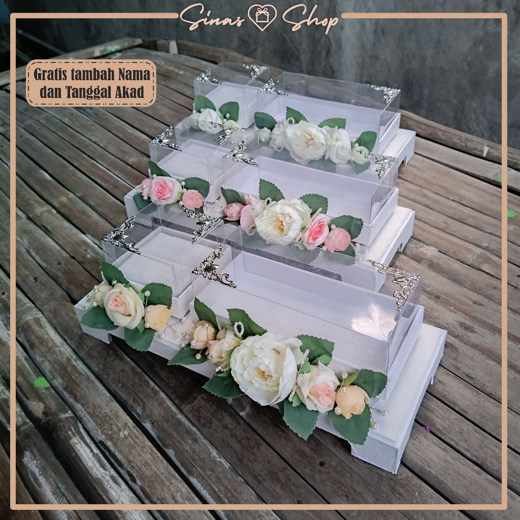

Box uang dan cincin, box uang set, box cincin set, ring box, seserahan hantaran mahar pernikahan model 1 hias bunga artifisial seri putih