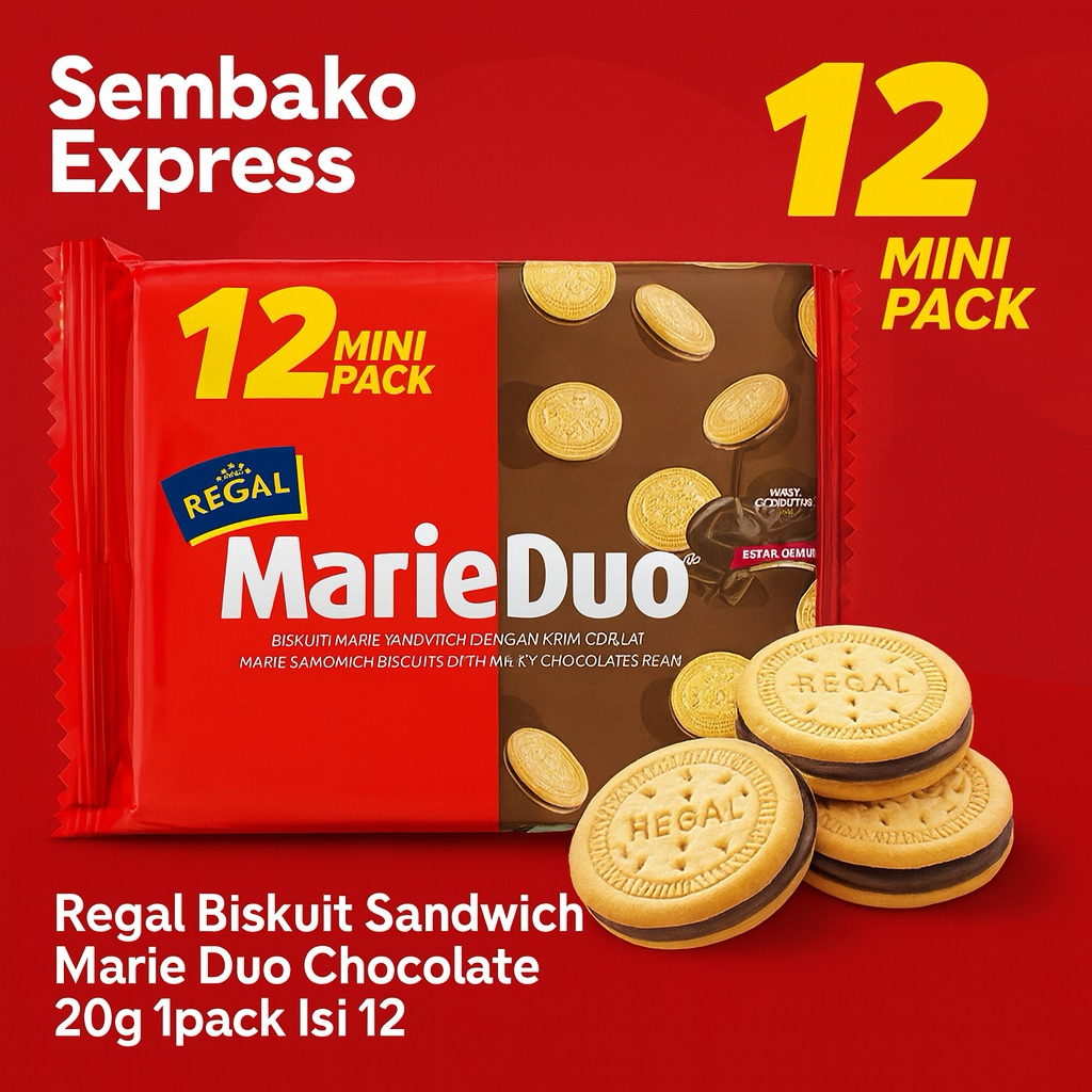 

Regal MarieDuo Biskuit Sandwich Cokelat 1 Pack Isi 12 x 20g