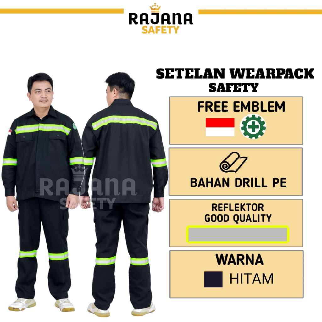 Rajana Safety - setelan wearpack safety warna hitam atasan dan bawahan kerja lapangan proyek kemeja 