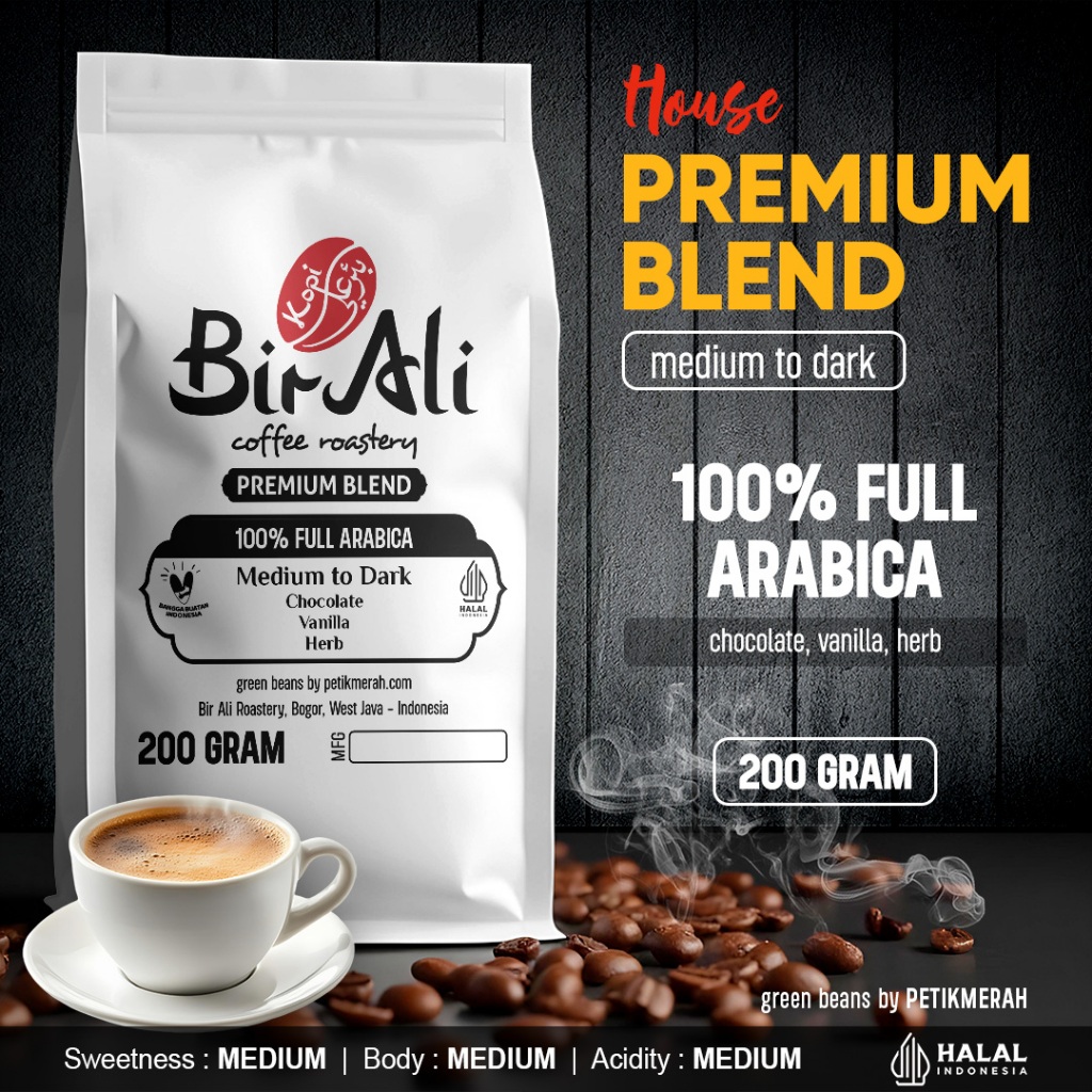 

PREMIUM HOUSE BLEND 100% Full Arabica Coffee Espresso Biji Kopi Bubuk Arabika Petik Merah 200 Gram