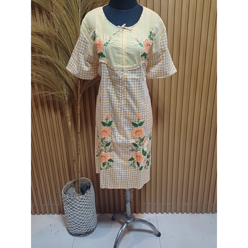 Daster Malang Wanita Katun Jepang Premium Bordir Bunga Kecombrang Kuning