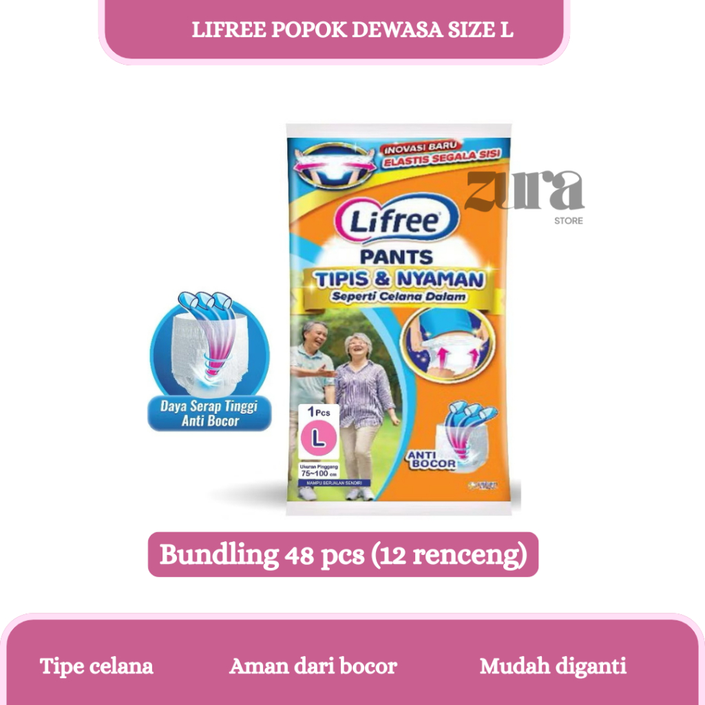1 DUS KARTON LIFREE PANTS POPOK DEWASA SIZE L CELANA PAMPERS DEWASA 48 PCS SACHET RENCENG 12 RENCENG