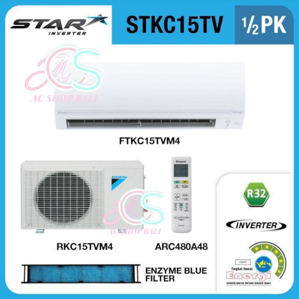 Ac Daikin Thailand Star Inverter 1/2 Pk R32 FTKC15TV Daikin Ac Low Watt