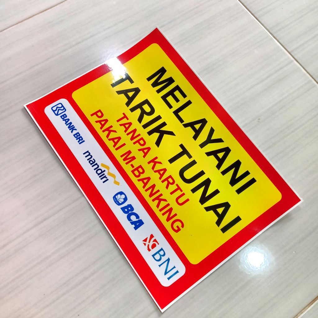 

Stiker konter, Brilink, Toko " MELAYANI TARIK TUNAI TANPA KARTU" Bahan vinyl ukuran 20x28cm