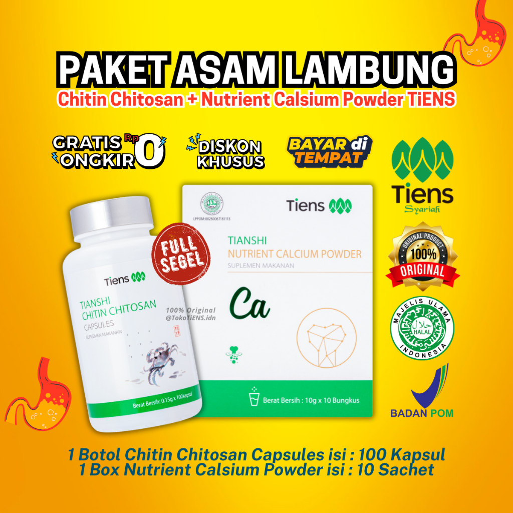 TIENS GERD ASAM LAMBUNG | CHITIN CHITOSAN CAPSULES & NUTRIENT CALSIUM POWDER - Halal BPOM