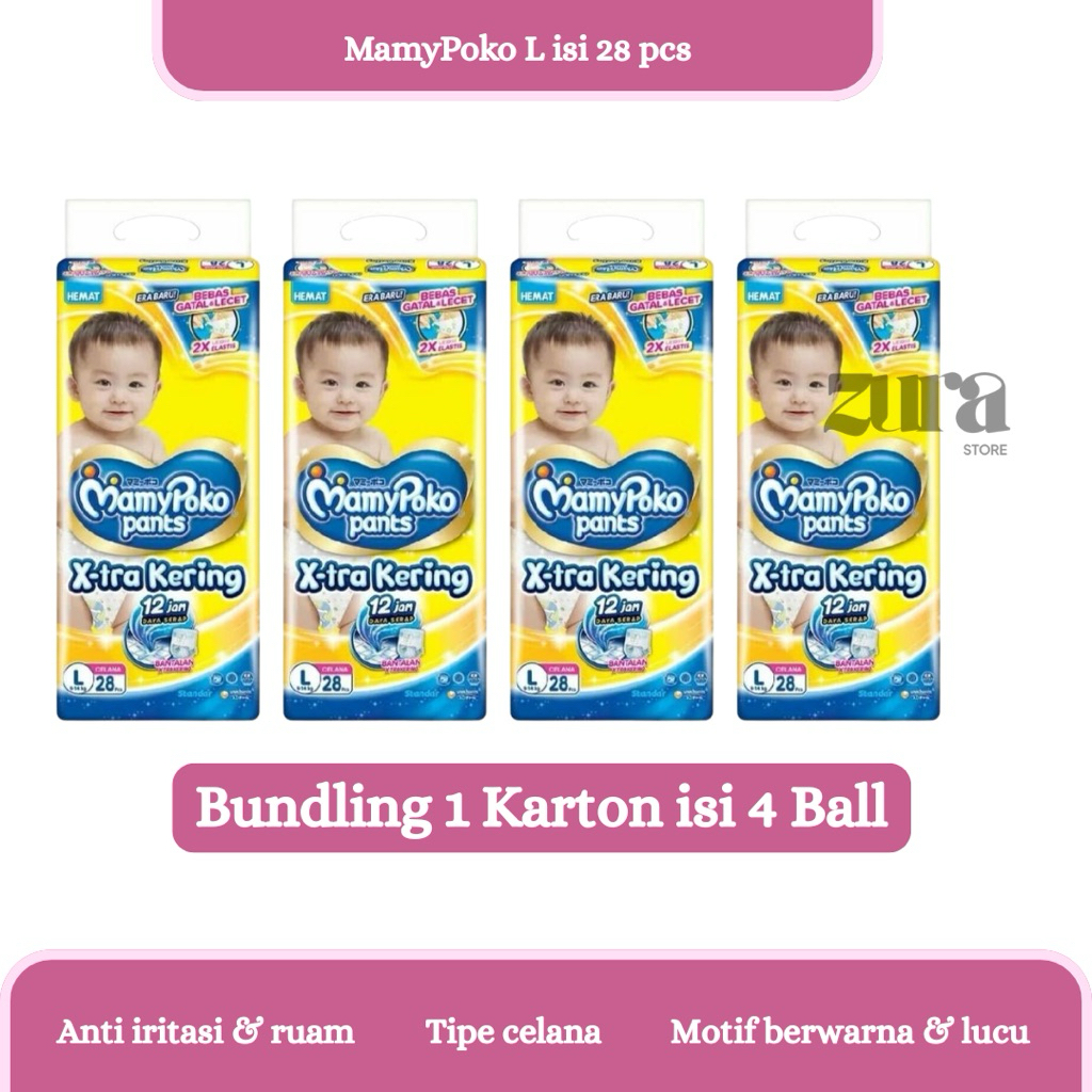1 KARTON MAMYPOKO L28 MAMYPOKO PANTS XTRA KERING POPOK PAMPERS ANAK SIZE L ISI 28 PCS PAKET KARDUS I