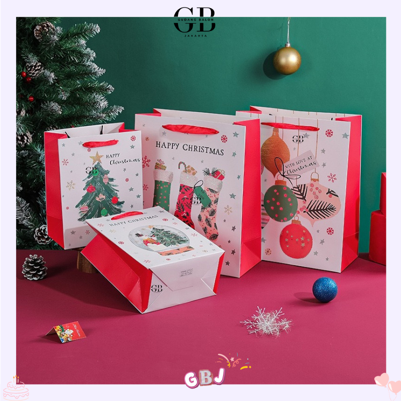 

GBJ - Paper Bag Natal Glitter Motif Happy Christmas / Goodie Bag Christmas