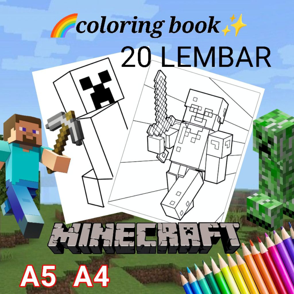 

20 lembar Kertas mewarnai (coloringbook) ukuran A5 dan A4 tema minecraft