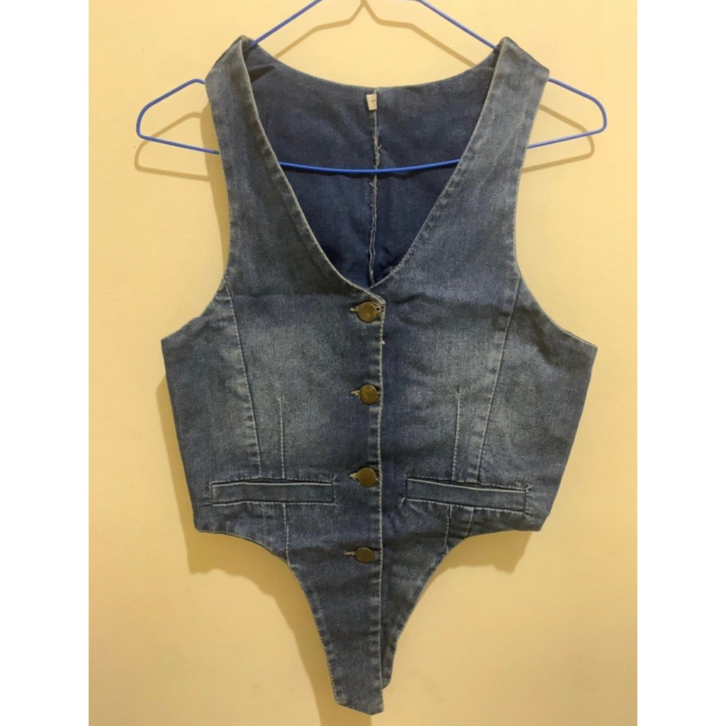 Vest Jeans Atasan Crop Wanita Rompi Denim