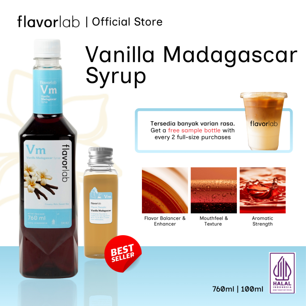 

Flavorlab Sirup Vanilla Madagascar Halal 760ml – Perasa Minuman Rasa Vanila | Cocok untuk Kopi Kafe