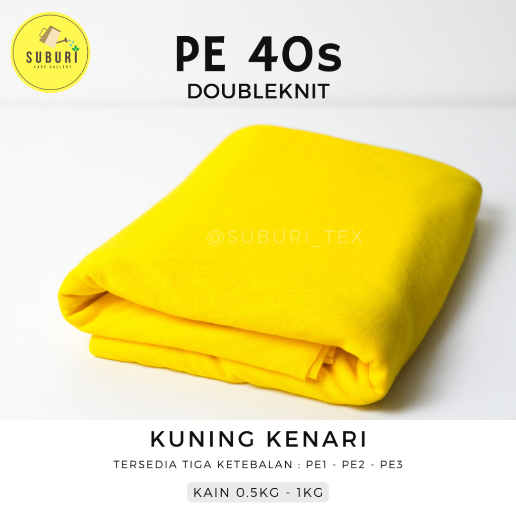 SUBURINDO TEXTILE | KAIN KAOS PE DOUBLE KNIT 40s KILOAN | KAIN SETENGAH KILO | KAIN WARNA KUNING KEN