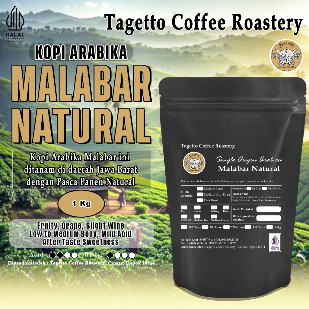 

KOPI ARABIKA MALABAR NATURAL 1KG | SPECIALTY ARABICA BEAN GROUND BIJI BUBUK 1 KG TAGETTO COFFEE ROASTERY