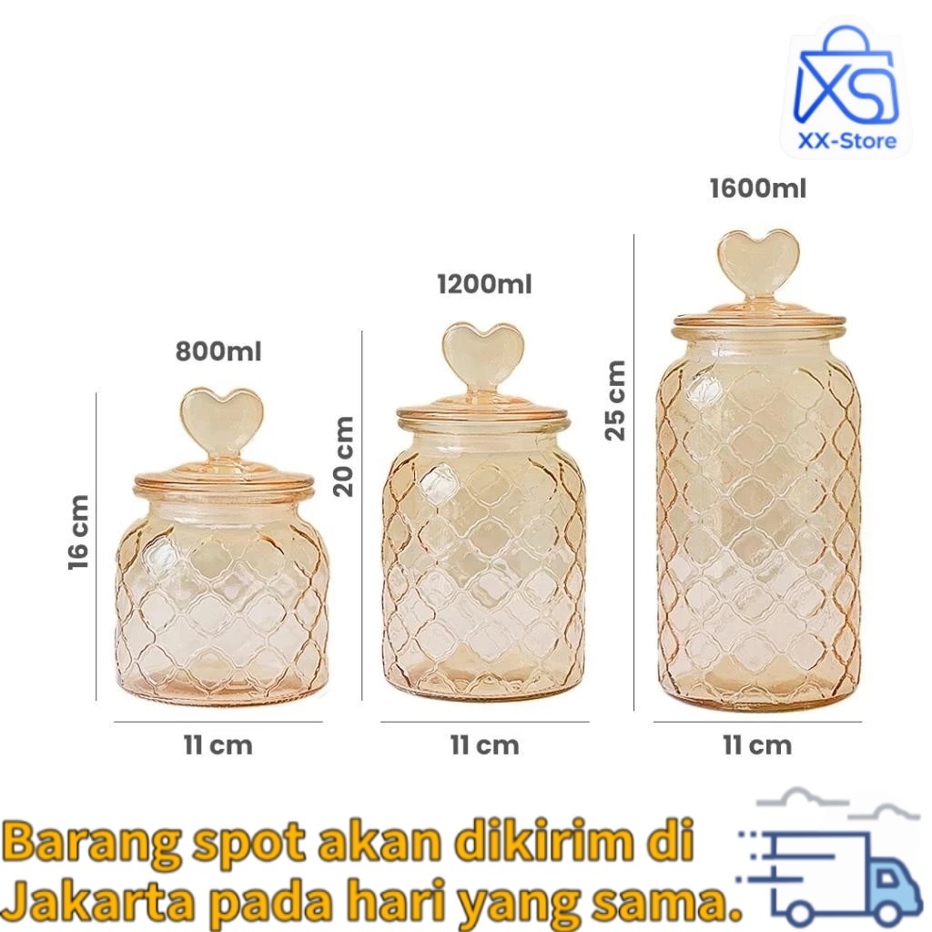 Toples Snack Kaca Set 3In1 / Tempat Kue Kering Set 3 Kaca Toples Set Kaca Food Jar Motif Love Tempat