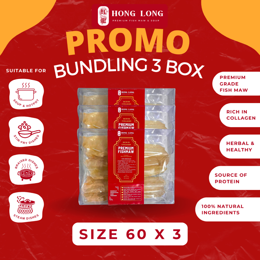 

Hong Long - Bundle 3 Box Premium Fish Maw Size 60 Pcs (魚鰾/花膠) Hipio Yiphiau Gelembung Ikan Perut Ikan Kakap Kering Hipiau Grade Super Kualitas Premium