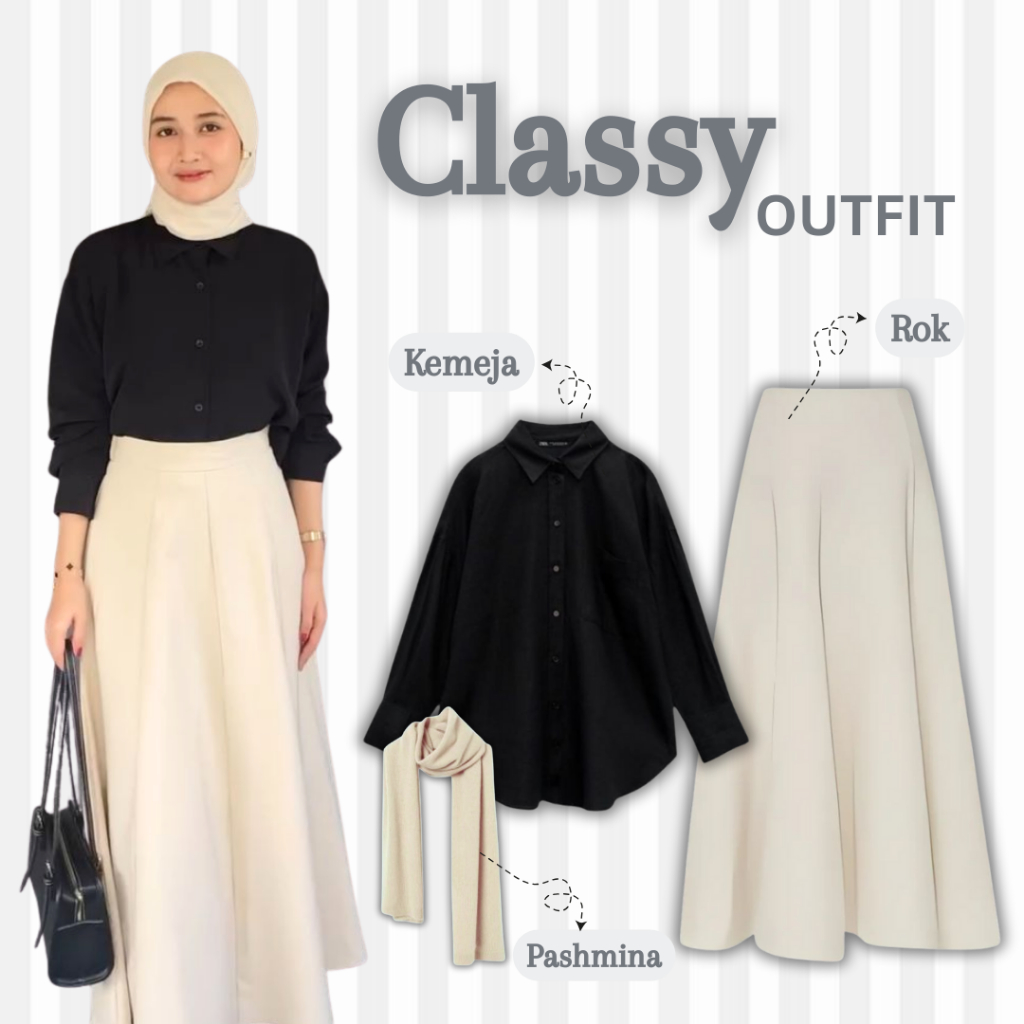 Setelan Baju Remaja 3in1 Kekinian / Kemeja Oversize Premium + Rok Pinggang Karet + Pashmina Ceruty B
