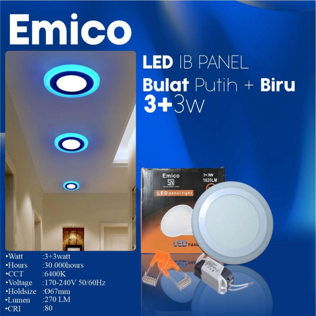 Lampu Panel LED Emico Tipis Bulat Kotak Putih Biru / Putih Warm White