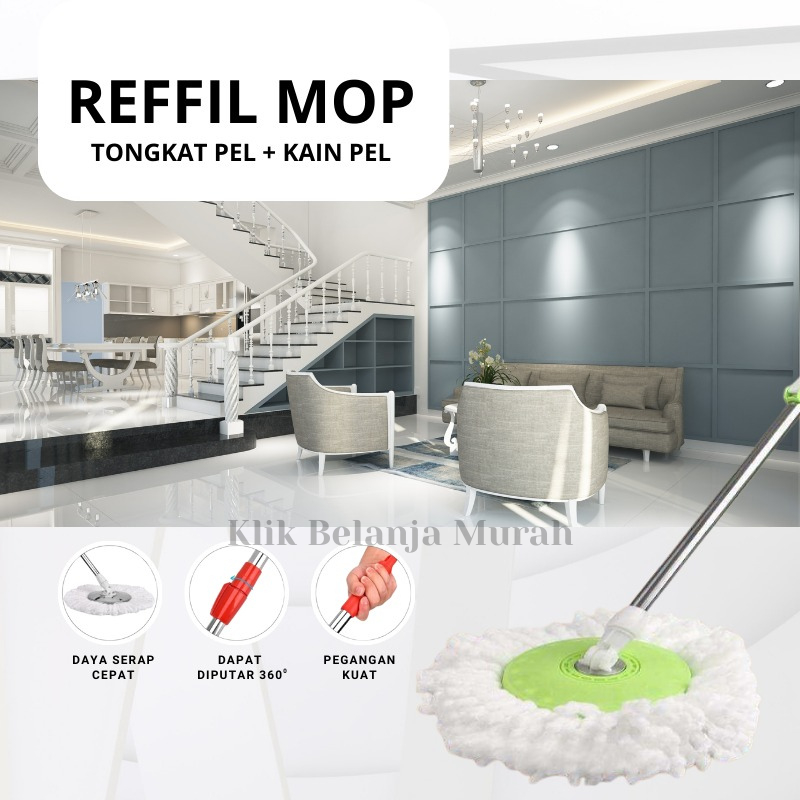 Tongkat Handle Pel + Kain Spin Mop Alat Pel Lantai Set Mop Stick Kain Refill Spin Mop Serbaguna