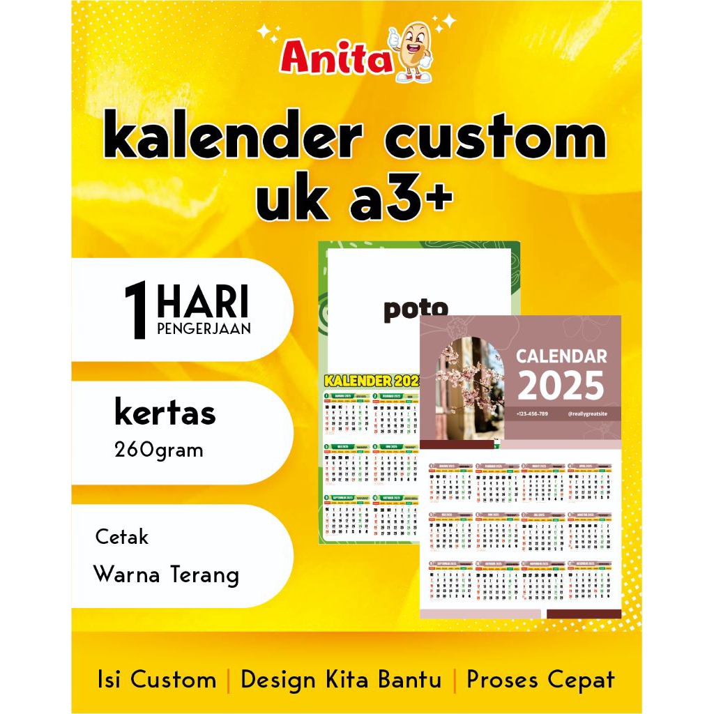 

Kalender Custom A3+ 2025 - Ukuran 32x47 cm, Bahan Konstruksi 260 gsm, Cetak Full Color Tajam & Tahan Lama, Desain Gratis